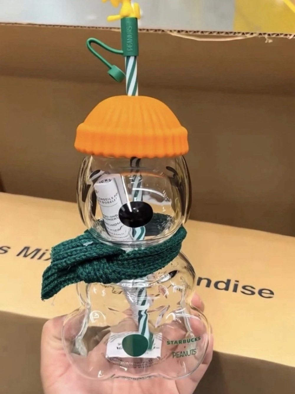 Starbucks Snoopy glass  Bottle with Orange Hat and Green Scarf